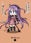  black_legwear blue_eyes blush gun highres iron_cross kerscher_(milihime_taisen) mecha_musume milihime_taisen no_pants purple_hair scarf solo sweater tao_(kadoya) tiger_i_(personification) weapon 