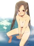  barefoot between_legs breast_squeeze breasts brown_eyes brown_hair collarbone covering covering_breasts covering_crotch feet hand_between_legs highres ino kousaka_rino large_breasts long_hair looking_at_viewer nude otome_function sitting solo steam tan tanline tile_floor tiles toes tsurime twintails v_arms very_long_hair water 