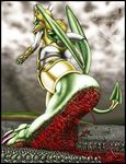  2003 ambiguous_gender anthro armor barefoot blonde_hair blood breasts butt claws clothed clothing death dragon falling feet female flag foot_focus gore green_scales group hair horn human male mammal markie outside raised_foot rear_view scalie side_boob size_difference stomping toe_claws war wings 
