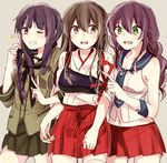  akagi_(kantai_collection) bad_id bad_pixiv_id black_hair braid brown_eyes brown_hair gloves green_eyes grin japanese_clothes kantai_collection kitakami_(kantai_collection) multiple_girls muneate noshiro_(kantai_collection) one_eye_closed smile tanoki_(mituguma) uniform 