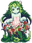  bare_shoulders blue_skin curtsey dress flat_chest flower green_eyes green_hair hair_ornament leaf long_hair lowres making_of monster_girl original parted_lips pixel_art plant plant_girl plant_hair sb_(coco1) simple_background solo thorns vines white_background 