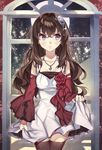  bad_id bad_pixiv_id blue_eyes brown_hair collarbone detached_sleeves dress eyelashes hair_ornament highres jewelry long_hair mayonezumi necklace original pendant skirt_hold solo thighhighs window 