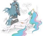  2015 anthro anthrofied breasts butt clothing crown cutie_mark danmakuman duo english_text equine female friendship_is_magic hair horn long_hair lying mammal multicolored_hair my_little_pony nipples panties pillow plain_background princess_celestia_(mlp) queen_chrysalis_(mlp) royalty text underwear white_background winged_unicorn wings 
