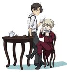  ahoge aldnoah.zero blue_eyes board_game boots brown_eyes brown_hair chair chess chess_piece chessboard cravat crossed_legs cup drinking epaulettes holster jacket kaizuka_inaho male_focus multiple_boys semillon silver_hair sitting slaine_troyard teacup 