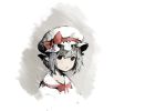  baiguiyu bow brown_eyes commentary grey_hair hair_bow hat highres looking_at_viewer mob_cap neck_ribbon parted_lips pointy_ears portrait red_bow red_neckwear red_ribbon remilia_scarlet ribbon solo symbol_commentary touhou white_hat 