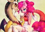  absurd_res anthro anthrofied cherry discord_(mlp) draconequus duo earth_pony equine female friendship_is_magic hi_res horse legwear lizombie male male/female mammal milkshake my_little_pony pinkie_pie_(mlp) pony red_eyes stockings tongue wings 