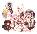 ahoge airfield_hime apron baby battleship_hime black_hair blue_eyes claws commentary cooking fire gothic_lolita horn horns isolated_island_oni kantai_collection lolita_fashion meoon monster multiple_girls northern_ocean_hime open_mouth orange_eyes pale_skin red_eyes seaport_hime shinkaisei-kan sweatdrop white_hair wo-class_aircraft_carrier younger 