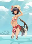  absurdres bandeau bikini_tan black_hair blush breasts commentary contrapposto ear_tag english_commentary fish_tail highres john_doe md5_mismatch no_panties original purple_eyes resized sarong shark_girl sharp_teeth short_hair small_breasts solo standing strapless tail tan tanline teeth upscaled wading water 