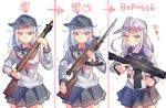  ak-12 aqua_eyes aqua_hair arisaka assault_rifle bayonet black_skirt bolt_action character_name cowboy_shot daito doyagao flat_cap gun hat hibiki_(kantai_collection) kantai_collection long_sleeves md5_mismatch multiple_views neckerchief pleated_skirt rifle sailor_collar school_uniform serafuku simple_background skirt smile sparkle translated trigger_discipline verniy_(kantai_collection) weapon white_background 