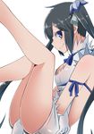  black_hair blue_eyes blue_ribbon breasts cleavage dungeon_ni_deai_wo_motomeru_no_wa_machigatteiru_darou_ka gloves hair_ribbon hestia_(danmachi) highres legs long_hair looking_at_viewer medium_breasts nakoya_(nane_cat) profile rei_no_himo ribbon simple_background smile solo twintails white_background white_gloves 