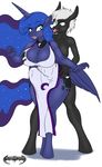  2015 anthro anthrofied blue_eyes blue_hair cleavage clothed clothing cutie_mark da_goddamn_batguy duo equine female friendship_is_magic green_eyes hair horn long_hair male male/female mammal my_little_pony nude open_mouth plain_background princess_luna_(mlp) standing tongue white_background winged_unicorn wings 
