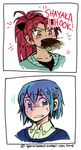  2koma blue_eyes blue_hair comic commentary ddhew fang food food_in_mouth full_mouth hair_ornament hairclip highres long_hair mahou_shoujo_madoka_magica meme miki_sayaka mouth_hold multiple_girls pocky ponytail red_hair sakura_kyouko short_hair too_many 