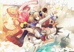  abstract asai_genji blonde_hair candy_wrapper copyright_name earth expressionless full_body guitar hair_ribbon headphones highres instrument kneehighs long_sleeves looking_at_viewer orange_eyes outstretched_arms planet pleated_skirt ribbon saotome_tsukasa school_uniform serafuku shiny shoes skirt sleeves_past_wrists solo spread_arms sugar+spice! surreal tareme two_side_up wallpaper zoom_layer 