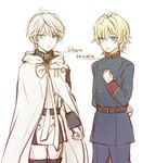  aldnoah.zero belt blonde_hair blue_eyes cloak cosplay gloves hyakuya_mikaela hyakuya_mikaela_(cosplay) multiple_boys ono_kenshou owari_no_seraph seiyuu_connection silver_hair slaine_troyard slaine_troyard_(cosplay) uniform xsinon 