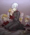  absurdres aldnoah.zero bed button_eyes character_doll cruhteo grey_hair highres kneeling male_focus military military_uniform pillow silver_hair slaine_troyard solo stitches toyo_(s9654431) uniform yaoi 