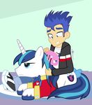  2015 annoyed blue_eyes blue_hair bow bow_tie clothing comb cutie_mark dm29 duo equestria_girls equine flash_sentry_(eg) friendship_is_magic hair horn lying male mammal my_little_pony shining_armor_(mlp) unicorn 