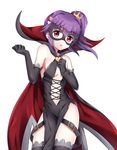  arsene arsene_(cosplay) breasts cape center_opening cosplay dress elbow_gloves gloves hercule_barton highres long_hair mask mugi_(iccomae) navel purple_hair red_eyes side_ponytail small_breasts solo tantei_opera_milky_holmes thighhighs 