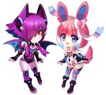  2girls animal_ears bare_shoulders bat_wings blue_eyes blush boots breasts chibi cleavage crobat felicia-val fingerless_gloves gloves highres makeup multiple_girls personification pink_hair pokemon purple_hair ribbon short_hair sylveon tail thighhighs wings yellow_eyes 