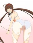  1girl ahoge angry ass bare_shoulders blue_eyes blush bound bound_wrists bra breasts brown_hair clenched_teeth female from_behind green_eyes hairband heterochromia large_breasts leaning leaning_forward long_hair looking_at_viewer panties panties_under_pantyhose pantyhose ryoubi_(senran_kagura) senran_kagura senran_kagura_(series) shiny shiny_clothes shiny_skin sideboob skindentation solo tears teeth teion torn_clothes torn_pantyhose twintails underwear very_long_hair 