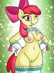  2015 anthro anthrofied apple_bloom_(mlp) bow_tie breasts clothing drako1997 earth_pony equine female friendship_is_magic gloves hair horse legwear looking_at_viewer mammal my_little_pony navel nipples one_eye_closed pony pussy red_hair smile solo stockings 