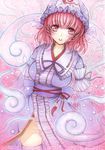  arm_ribbon artist_name blue_legwear breasts bubble colored_pencil_(medium) commentary_request dated hat highres hitodama japanese_clothes kimono large_breasts long_sleeves looking_at_viewer marker_(medium) mii@chiffonx mob_cap obi open_clothes open_kimono parted_lips pink_background pink_eyes pink_hair ribbon ribbon-trimmed_collar ribbon-trimmed_sleeves ribbon_trim saigyouji_yuyuko sample sash short_hair skindentation solo teeth thighhighs thighs touhou traditional_media triangular_headpiece veil watermark wide_sleeves 