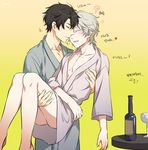  aldnoah.zero bathrobe bottle brown_hair carrying drunk highres kaizuka_inaho multiple_boys princess_carry silver_hair slaine_troyard zehel_az 