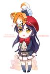  2014 animal animal_on_head animalization bird black_hair box character_name chibi dated dog dog_on_head gift gift_box hair_ribbon happy_birthday hat kousaka_honoka long_hair love_live! love_live!_school_idol_project minami_kotori minami_kotori_(bird) mouth_hold ng_(kimjae737) on_head one_side_up open_mouth orange_hair ribbon sonoda_umi stuffed_animal stuffed_toy teddy_bear yellow_eyes 