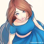  bad_deviantart_id bad_id blue_dress blue_eyes brown_hair caleb_thomas collarbone commentary dress from_above lips lipstick looking_at_viewer looking_up makeup short_hair smile solo 