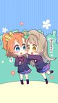  :d ? bangs blazer blue_eyes blunt_bangs blush bow chibi city flower grey_hair hair_bow imminent_hug jacket kousaka_honoka love_live! love_live!_school_idol_project minami_kotori multiple_girls one_side_up open_mouth orange_hair otonokizaka_school_uniform school_uniform skirt smile striped striped_background takasaki_yuuki vertical-striped_background vertical_stripes wallpaper yellow_eyes 