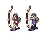  akagi_(kantai_collection) black_eyes black_hair black_legwear bow_(weapon) crossover fire_emblem holding holding_weapon huge_weapon japanese_clothes kaga_(kantai_collection) kantai_collection kneehighs long_hair looking_to_the_side lowres multiple_girls muneate outstretched_arm parody pixel_art ponytail rw simple_background sniper_(fire_emblem) sprite_art style_parody weapon white_background 