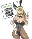  animal_ears bow bowtie breasts bunny_ears bunnysuit cleavage detached_collar gyaru holding holding_sign huge_breasts original pantyhose placard qr_code shibusun sign solo translated v wrist_cuffs 