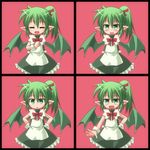  =_= arms_behind_back blush bow closed_eyes expressions flat_chest green_eyes green_hair hand_on_hip hands_on_hips kso looking_at_viewer maid pointy_ears short_hair side_ponytail simple_background smile wings 
