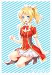  ayase_eli bad_id bad_pixiv_id blonde_hair blue_eyes bokura_no_live_kimi_to_no_life long_hair looking_at_viewer love_live! love_live!_school_idol_project open_mouth ponytail sakasaka skirt smile solo striped striped_background 