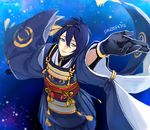  bad_id bad_pixiv_id blue blue_eyes blue_hair gloves japanese_clothes male_focus mikazuki_munechika obo open_mouth solo touken_ranbu watermark web_address 