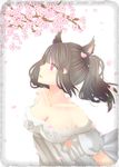  animal_ears bad_id bad_pixiv_id black_hair breasts cherry_blossoms cleavage dress final_fantasy final_fantasy_xiv highres miqo'te off-shoulder_dress off_shoulder pink_eyes ponytail 