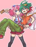  1girl :d ahoge blue_eyes card carrying goggles goggles_on_head green_hair hiiragi_yuzu hino_(mooncalf+t) jacket_on_shoulders jewelry multicolored_hair necktie open_mouth orange_shirt pendant princess_carry red_eyes red_hair role_reversal sakaki_yuuya school_uniform shirt short_twintails smile sweatdrop thighhighs twintails two-tone_hair yuu-gi-ou yuu-gi-ou_arc-v zettai_ryouiki 