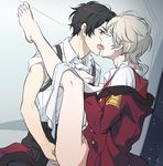  2boys aldnoah.zero anal_fingering barefoot blonde_hair blush brown_hair fingering french_kiss kaizuka_inaho kiss leg_up multiple_boys no_pants panties panty_pull red_eyes saliva silver_hair slaine_troyard tears underwear yaoi zehel_az 