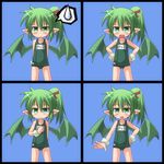  arms_behind_back blush expressions flat_chest frown green_eyes green_hair hand_on_hip hands_on_hips kso looking_at_viewer one-piece_swimsuit open_mouth pointy_ears school_swimsuit short_hair side_ponytail simple_background smile spoken_sweatdrop sweatdrop swimsuit wings 