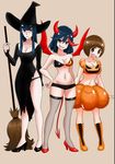  bad_id bad_pixiv_id bikini black_dress black_hair boots bra breasts broom brown_hair cleavage crop_top demon_horns demon_tail demon_wings dress fishnet_legwear fishnets grin halloween hand_on_hip hat high_heels highres horns jack-o'-lantern kill_la_kill kiryuuin_satsuki kotama_torane large_breasts long_hair mankanshoku_mako matoi_ryuuko medium_breasts midriff multiple_girls navel open_mouth panties pumpkin_costume round_teeth see-through senketsu shiny shiny_skin short_hair smile smirk swimsuit tail teeth thighhighs underwear underwear_only wings witch_hat 