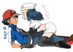  1boy 1girl all_fours arm arm_support baseball_cap beanie between_legs black_hair black_thighhighs blue_eyes blue_hair brown_eyes couple eye_contact friends girl_on_top hainchu hair_ornament happy hat hikari_(pokemon) legs long_hair looking_at_another lying midriff nintendo on_back open_mouth pants pencil_skirt pokemon pokemon_(anime) pokemon_(game) pokemon_dppt satoshi_(pokemon) shirt short_hair simple_background skirt smile sneakers team_rocket team_rocket_(cosplay) thigh_boots thighhighs translation_request white_background white_skirt 