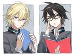  black_hair blonde_hair book cow_(shadow) glasses green_eyes hyakuya_mikaela hyakuya_yuuichirou male_focus multiple_boys open_mouth owari_no_seraph purple_eyes uniform 