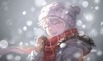  aldnoah.zero coat gloves hat highres male_focus red_scarf scarf signature silver_hair slaine_troyard snowing solo toyo_(s9654431) white_hair winter_clothes 