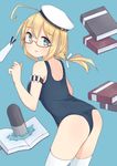  1girl :o ahoge armlet ass blonde_hair blue_background blue_eyes blush book glasses hair_ribbon hat highres i-8_(kantai_collection) kantai_collection long_hair one-piece_swimsuit open_mouth red-framed_glasses ribbon sailor_hat school_swimsuit seedflare semi-rimless_glasses simple_background solo swimsuit torpedo twintails under-rim_glasses 