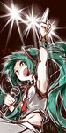  arm_up armpits bare_shoulders breasts cowboy_shot deel_(rkeg) green_eyes green_hair hatsune_miku headset highres index_finger_raised long_hair microphone midriff music necktie open_mouth pointing pointing_up sideways_mouth singing sleeveless small_breasts solo stage_lights very_long_hair vocaloid wristband 