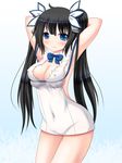  armpits arms_behind_back arms_behind_head arms_up black_hair blue_eyes blue_ribbon breasts cleavage covering_mouth dress dungeon_ni_deai_wo_motomeru_no_wa_machigatteiru_darou_ka hair_ribbon hestia_(danmachi) large_breasts long_hair looking_at_viewer rei_no_himo ribbon riku_(rikkuru) smirk solo tongue tongue_out twintails very_long_hair white_dress 