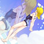  arms_behind_back ass barefoot blonde_hair hair_ornament hair_ribbon hairband hairclip highres kagamine_rin legs one-piece_swimsuit ribbon school_swimsuit short_hair solo soon swimsuit tattoo vocaloid zoom_layer 