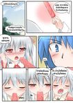  1boy animal_ears blue_eyes blue_hair blush catstudioinc_(punepuni) close-up comic food grey_hair hair_tucking half-closed_eyes highres kaito kyubey left-to-right_manga mahou_shoujo_madoka_magica panties personification phallic_symbol popsicle red_eyes saliva saliva_trail sexually_suggestive spoken_ellipsis thai translated underwear vocaloid white_panties wing_collar 