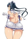  alp ass black_hair blue_eyes blue_ribbon breasts dungeon_ni_deai_wo_motomeru_no_wa_machigatteiru_darou_ka from_behind gloves hair_ribbon hestia_(danmachi) large_breasts long_hair looking_back rei_no_himo ribbon simple_background solo twintails white_background white_gloves 