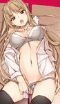  2015 bra breasts brown_eyes brown_hair cameltoe condom_wrapper dated gin_(ginshari) large_breasts long_hair navel open_clothes open_mouth open_shirt original panties panty_pull shirt solo thighhighs underwear 