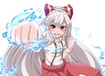  blue_fire bow eyelashes fire fist_pump foreshortening fujiwara_no_mokou hair_bow hair_ribbon long_hair looking_at_viewer matsura_(nagatosan) pants red_eyes ribbon silver_hair smile solo suspenders touhou very_long_hair wristband 